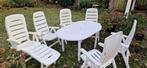 5 tuinstoelen, 1ligbed, tafel, wit, Afdekzeil, Tuin en Terras, Ophalen, Gebruikt, Kunststof, Tuinset