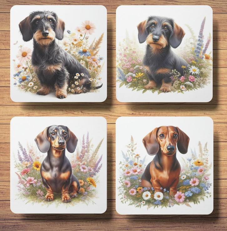 Teckel Lente onderzetters met houder, Huis en Inrichting, Woonaccessoires | Onderzetters, Nieuw, Glas of Kopje, Ophalen of Verzenden