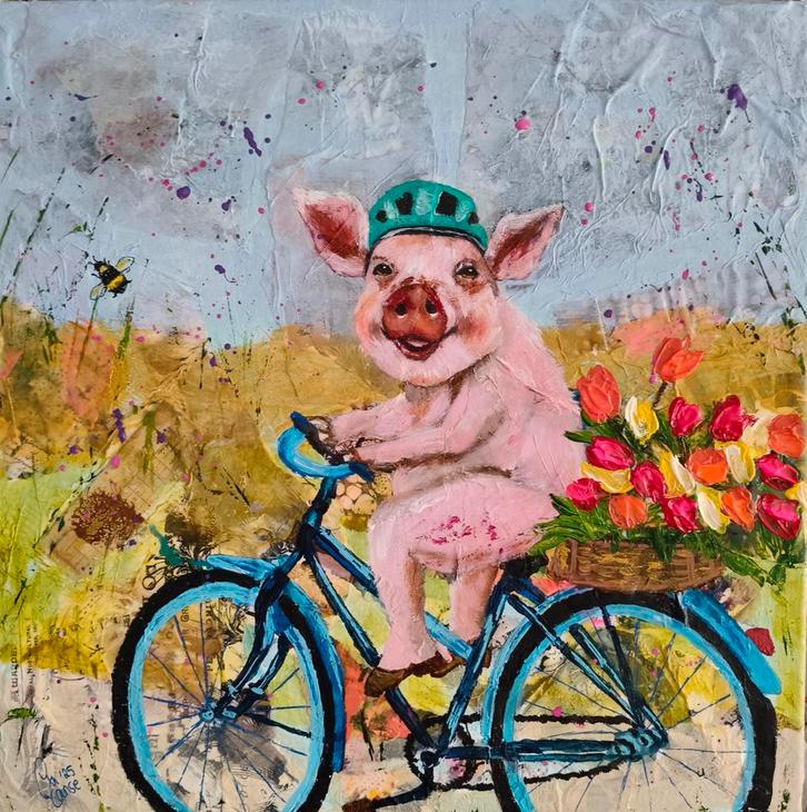 Schilderij varken op fiets, Huis en Inrichting, Woonaccessoires | Schilderijen, Tekeningen en Foto's, Nieuw, Schilderij, Minder dan 50 cm