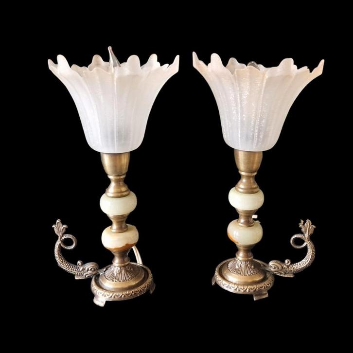PER STUK! 2 vintage messing / onyx schemerlampjes, Antiek en Kunst, Antiek | Lampen, Ophalen of Verzenden