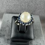 Gouden Ring | 18k | 3,46g | parel / saffier |mt16,5| 340564, Gebruikt, Ophalen of Verzenden, 17 tot 18, Dame