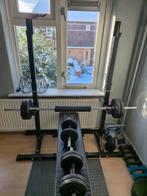 Squatrek, bench press, halterstang en dumbells, Ophalen, Zo goed als nieuw, Benen, Fitnessbank