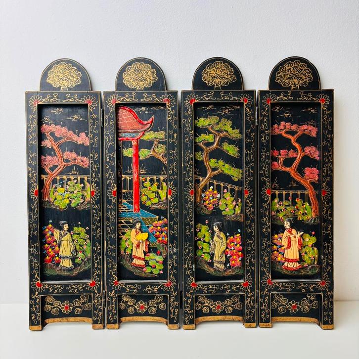 Chinees handbeschilderde 4 paneel tafelscherm, Antiek en Kunst, Kunst | Niet-Westerse kunst, Ophalen of Verzenden