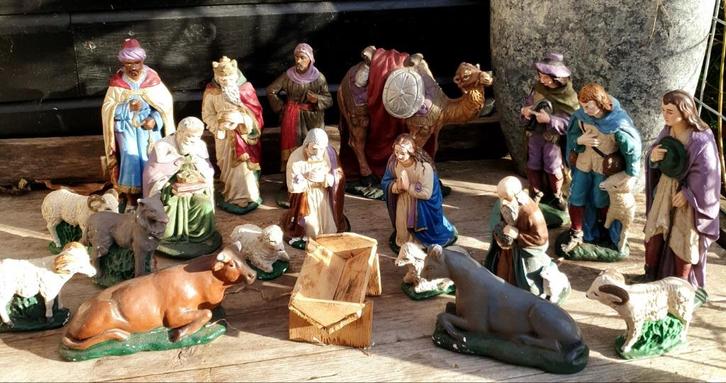 Antieke grote kerstgroep, gips, Antiek en Kunst, Antiek | Religie, Ophalen