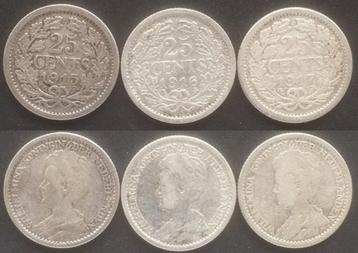 3 kwartjes Wilhelmina 1915, 1916 & 1917 zilver beschikbaar voor biedingen