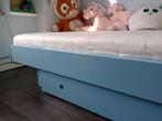 Vintage houten grenen bed lichtblauw 80 x 190 met bedla, Gebruikt, Matras, 70 tot 85 cm, Ophalen
