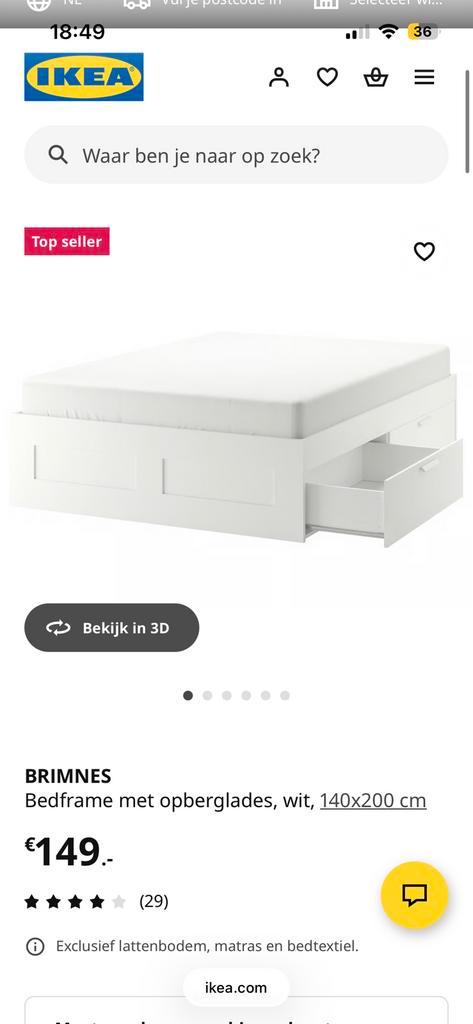 BRIMNES IKEA BEDFRAME 140x200 cm, Huis en Inrichting, Slaapkamer | Bedden, Zo goed als nieuw, Tweepersoons, 140 cm, Hout, Wit