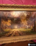 Groot schilderij landschap - paard en kar, Ophalen of Verzenden