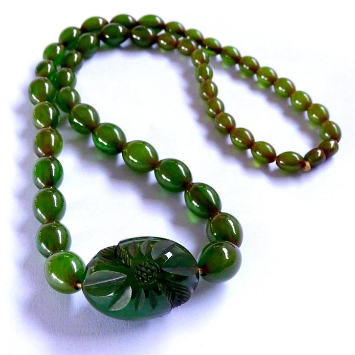 Groen Bakeliet / Catalin Art Deco Ketting, Sieraden, Tassen en Uiterlijk, Antieke sieraden, Ketting, Overige materialen, Verzenden