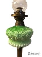 Groot brocante olielamp antiek koper brons, groene voet, Antiek en Kunst, Antiek | Lampen, Ophalen of Verzenden