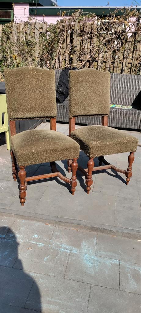 6 Antieke Eetkamerstoelen, Huis en Inrichting, Stoelen, Gebruikt, Vijf, Zes of meer stoelen, Hout, Stof, Bruin, Ophalen