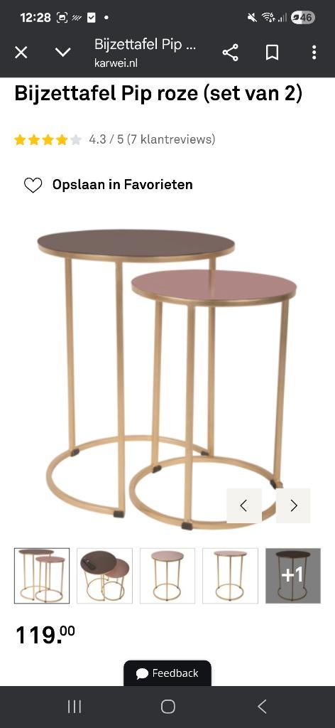 2 bijzettafeltjes roze/paars met goud, Huis en Inrichting, Tafels | Bijzettafels, Gebruikt, Rond, 45 tot 60 cm, Minder dan 55 cm