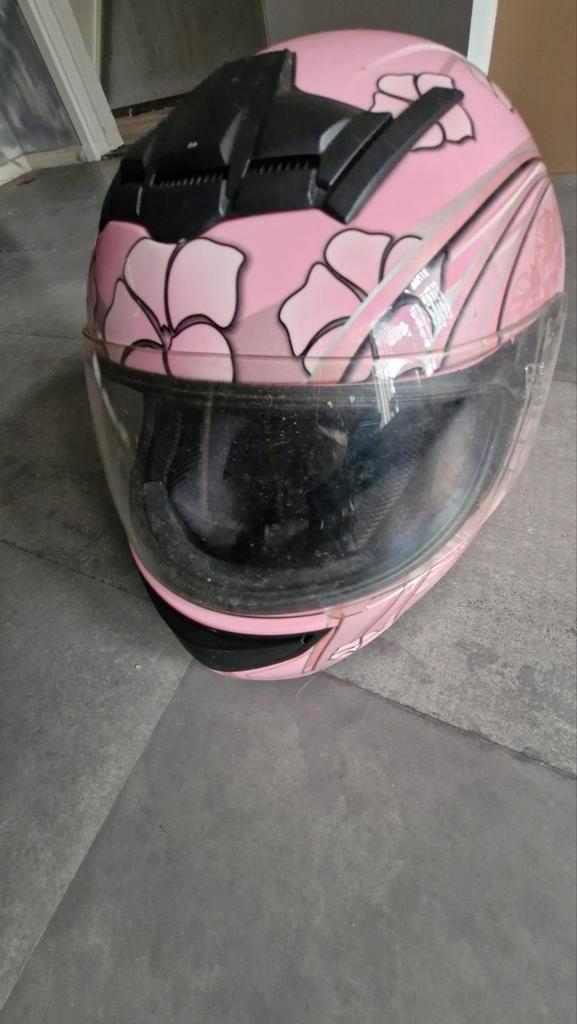 Brommer/Scooter Helm - Roze met bloemen, Motoren, Kleding | Motorhelmen, Dames, Integraalhelm, M, Overige merken, Tweedehands