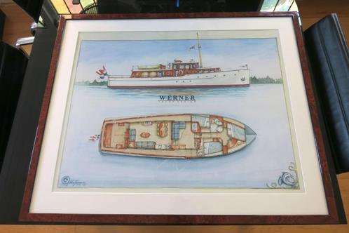 Werner Yacht Design 56’ Crabbersbank in notenhouten lijst, Verzamelen, Scheepvaart, Zo goed als nieuw, Kaart, Foto of Prent, Motorboot