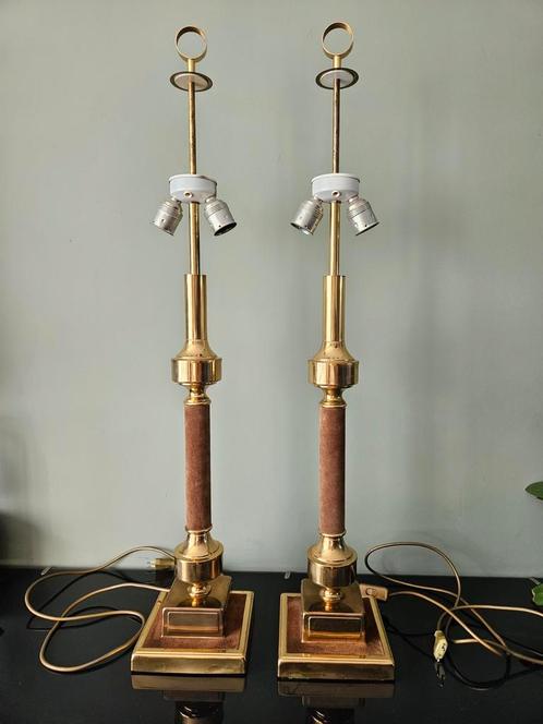 Set van 2 vintage messing Hollywood Recency tafellampen, Huis en Inrichting, Lampen | Tafellampen, Minder dan 50 cm, Stof, Ophalen of Verzenden
