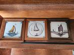 Antieke Tegeltjes Scheepjes in Lijst (3 stuks), Ophalen of Verzenden