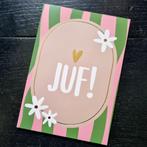 Kaart wenskaart juf bloemen gestreept juffrouw goudfolie, Verzenden, Nieuw