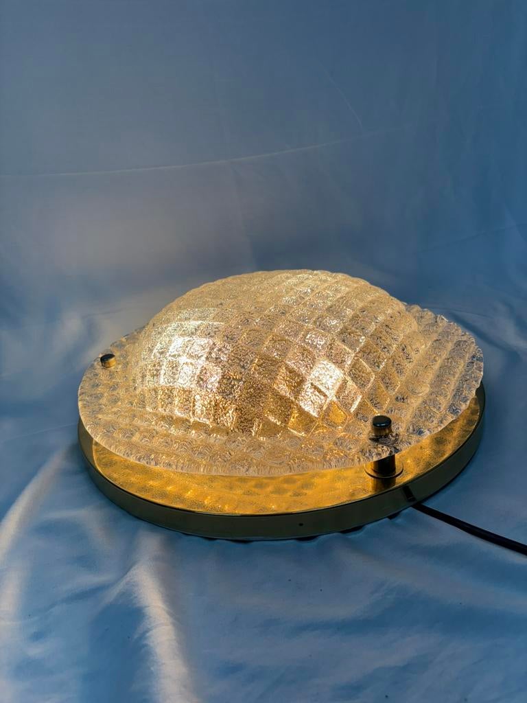 Vintage Fischer Leuchten plafoniere ijsglas & messing 60/'70, Ophalen of Verzenden, Gebruikt, Glas