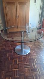 Diner design Tafel van glas..MOET ZSM WEG 1.30 mtr, Ophalen, Gebruikt, 100 tot 150 cm, Rond