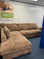 Bruine rib hoekbank met lounge deel + extra kussens, Ophalen, 250 tot 300 cm, 100 tot 125 cm, Hoekbank