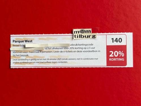 Bon 140 Parque West 20% Korting voor max 4 personen., Tickets en Kaartjes, Kortingen en Cadeaubonnen, Drie personen of meer, Overige typen