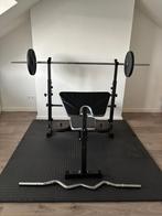 Halterbank set met gewichten en vloermat, Sport en Fitness, Gebruikt, Krachtstation, Armen, Ophalen of Verzenden