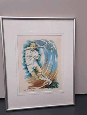 zeefdruk tekening van tennisser in lijst beschikbaar voor biedingen