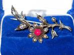 Antieke zilveren takbroche /broche/ bloem/pareltjes /diamant, Verzenden, Zilver, Broche, Met edelsteen