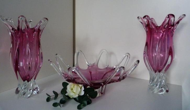 Egermann vazen en schaal, set, Roze, Czech glas, jaren 50/60, Huis en Inrichting, Woonaccessoires | Schalen en Manden, Zo goed als nieuw