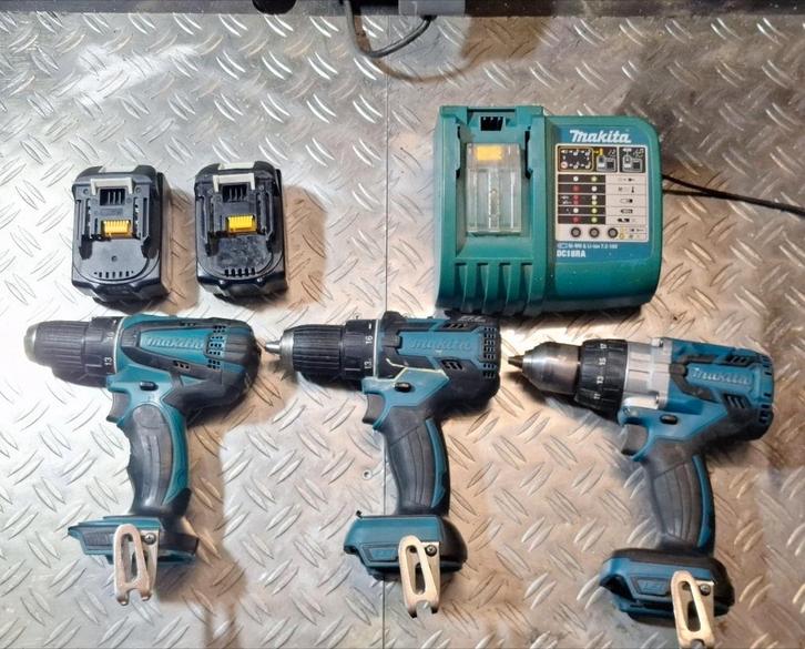Makita Boormachine Set - 3 Machines, 2 Accus, Lader, Doe-het-zelf en Verbouw, Gereedschap | Boormachines, Gebruikt, Boormachine
