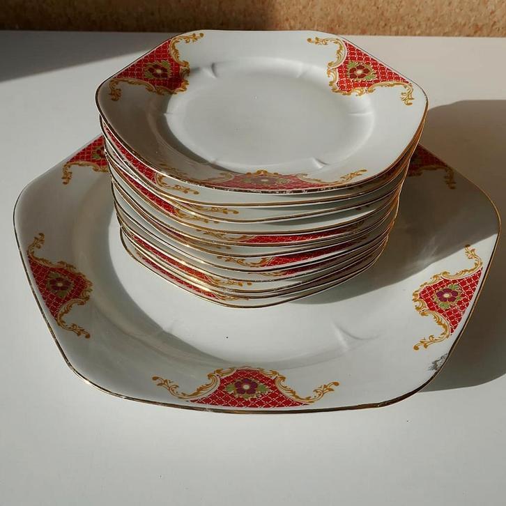 Taartstel, Huis en Inrichting, Keuken | Servies, Gebruikt, Compleet servies, Overige stijlen, Porselein, Ophalen of Verzenden