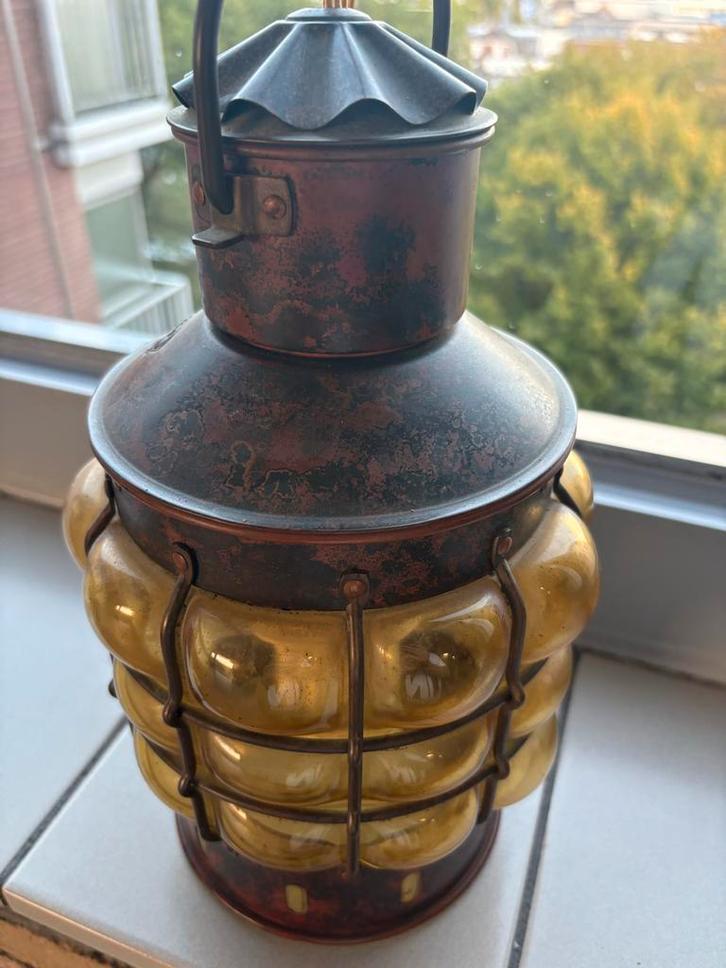 Antiek Ankerlicht Koper/Messing Amberkleurig Glas, Huis en Inrichting, Lampen | Hanglampen, Gebruikt, Minder dan 50 cm, Glas, Ophalen of Verzenden
