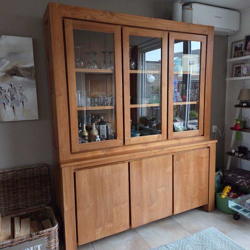 Teak houten buffetkast, Huis en Inrichting, Kasten | Buffetkasten, Ophalen, 200 cm of meer, Glas, 150 tot 200 cm