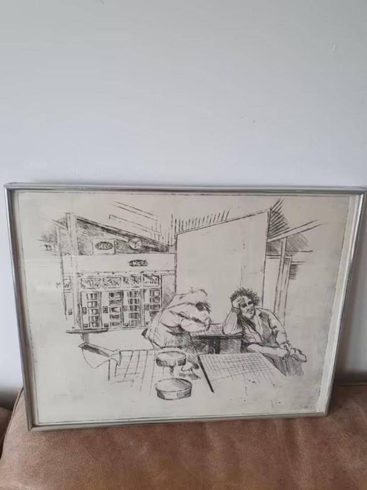 Orig. Ets 2 mannen in een snackbar ws Peter van Straaten., Antiek en Kunst, Kunst | Etsen en Gravures, Ophalen