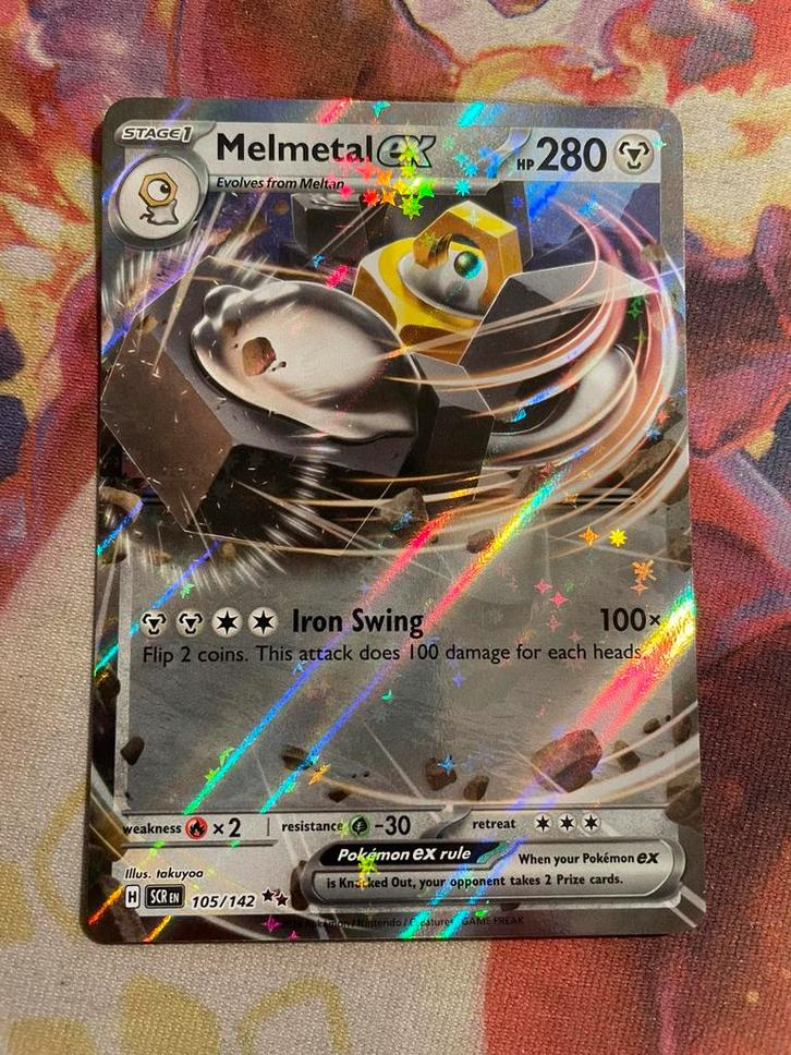 Pokemon MELMETAL EX 105/142 (Stellar Crown), Hobby en Vrije tijd, Verzamelkaartspellen | Pokémon, Zo goed als nieuw, Losse kaart