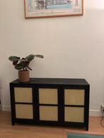 Vintage Dressoir/TV Meubel - Zwart met Rotan Details, Ophalen, Gebruikt, 100 tot 150 cm, 25 tot 50 cm