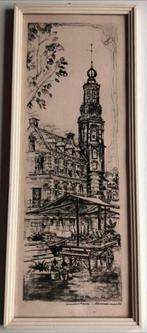 Oude tekening Bloemenmarkt Amsterdam zicht op Munttoren, Antiek en Kunst, Ophalen of Verzenden