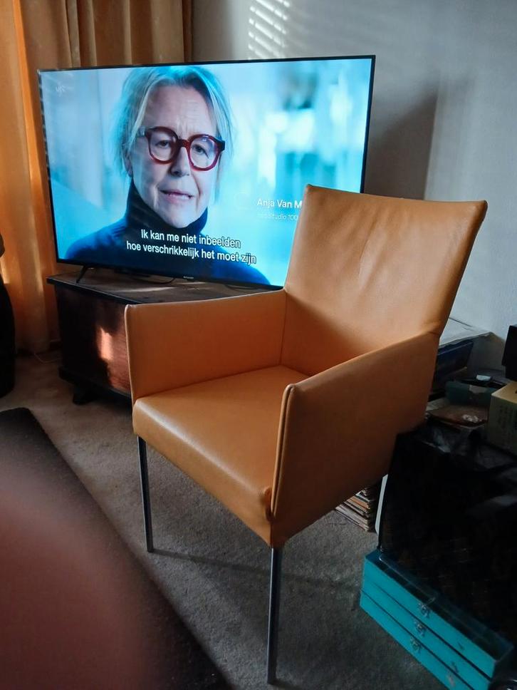 2 zeer mooie Bert Plantagie Elements gele stoelen., Huis en Inrichting, Fauteuils, Zo goed als nieuw, Leer, 50 tot 75 cm, 75 tot 100 cm