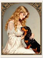 Victoriaanse Dame DACHSHUND Teckel Vintage Poster affiche, Antiek en Kunst, Verzenden