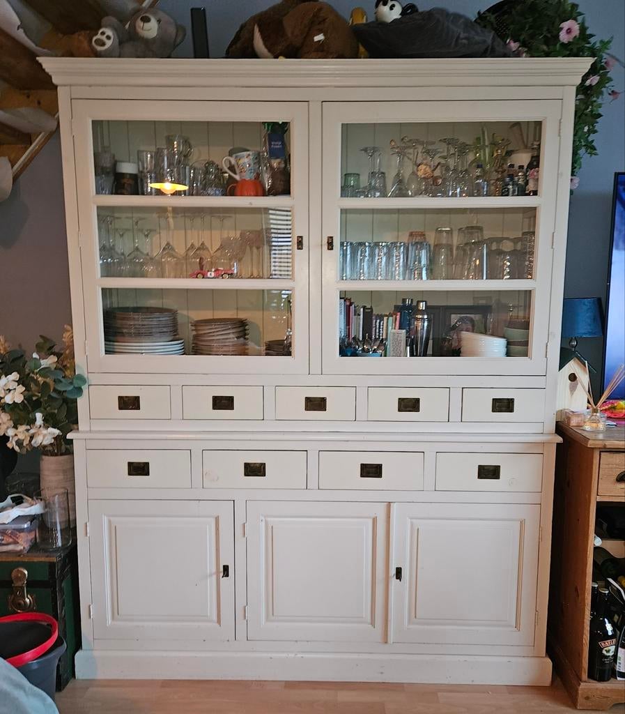 Crème buffetkast - 2 delen, Ophalen, Gebruikt, Met deur(en), 200 cm of meer