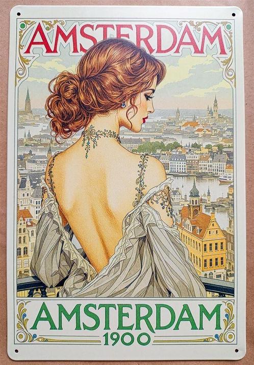 AMSTERDAM 1900 Alphonse Mucha Metalen Wandbord, Antiek en Kunst, Kunst | Tekeningen en Foto's, Verzenden