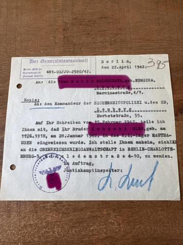 Zeldzaam document over deportatie naar Mauthausen – 1942 beschikbaar voor biedingen