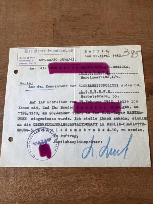 Zeldzaam document over deportatie naar Mauthausen – 1942, Verzamelen, Militaria | Tweede Wereldoorlog, Duitsland, Ophalen of Verzenden