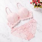 Roze BH en slip (sexy lingerie setje kanten broekje cup A B), Verzenden, Roze, Setje