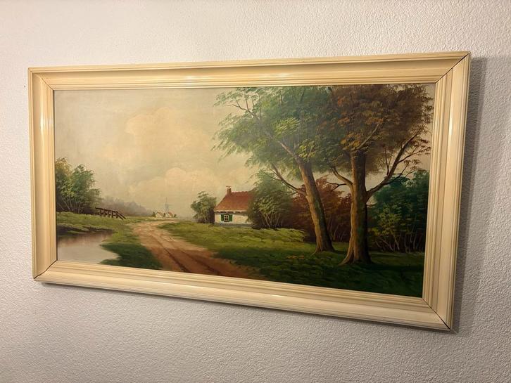 Schilderij met landschap en huis, Antiek en Kunst, Kunst | Schilderijen | Klassiek, Ophalen