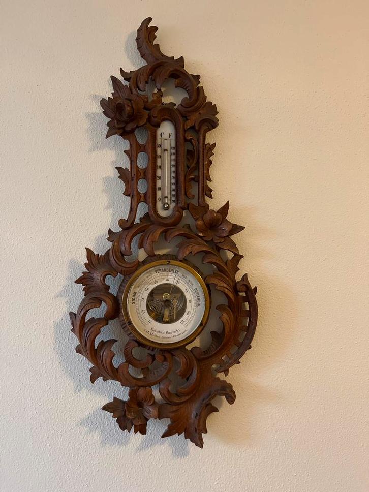 Antieke Houten Barometer - J.M. Mulder Amsterdam, Audio, Tv en Foto, Weerstations en Barometers, Gebruikt, Barometer, Ophalen of Verzenden