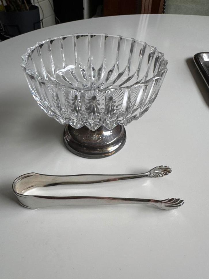 Kristallen schaaltje op voet + Alfra Alessi tang, Antiek en Kunst, Antiek | Glas en Kristal, Ophalen of Verzenden