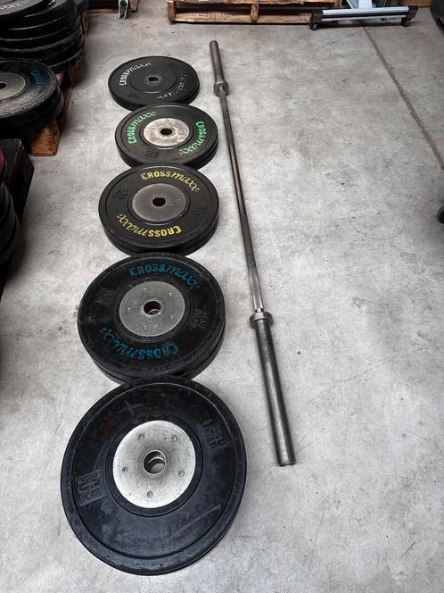 150kg Crossmaxx Competitie Bumperplates + Olympische Barbell, Sport en Fitness, Fitnessmaterialen, Gebruikt, Halterschijven, Ophalen