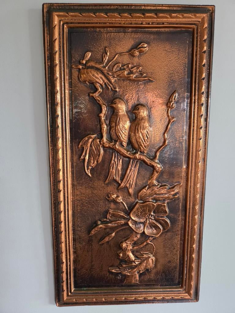 Vintage koperen vogel afbeelding plaat op hout., Ophalen of Verzenden