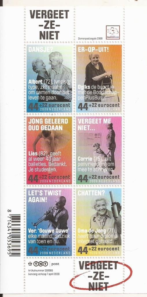 2009 Zomerpostzegels Vergeet ze niet Postfris Ouderenzegels, Ophalen of Verzenden, Na 1940, Postfris
